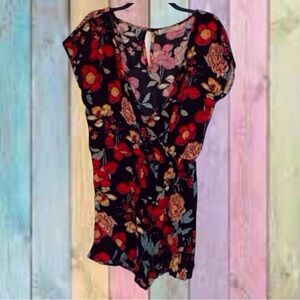 Poema Boho Black Red Floral Print Deep V Short Romper